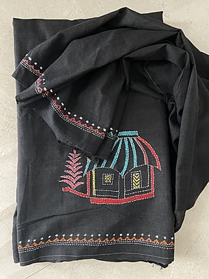 BLACK HAND EMBROIDERED COTTON KANTHA SAREE