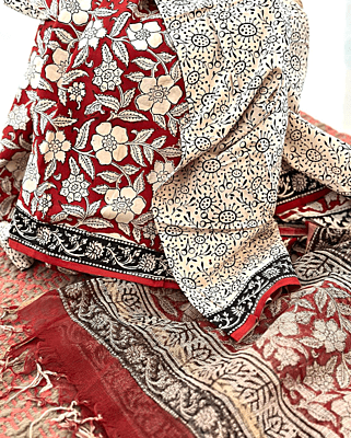 RED & BEIGE COTTON HAND BLOCK PRINT KOTA DUPATTA SET RED & BEIGE COTTON HAND BLOCK PRINT KOTA DUPATTA SET