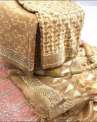 YELLOWISH BROWN COTTON HAND BLOCK PRINT KOTA DUPATTA SET