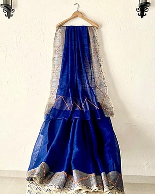 BLUE MATKA SILK SAREE WITH HANDSTITCHED,HANDWOVEN BORDER