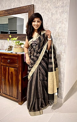 BLACK KHADI COTTON SAREE WITH JUTE STRIPES